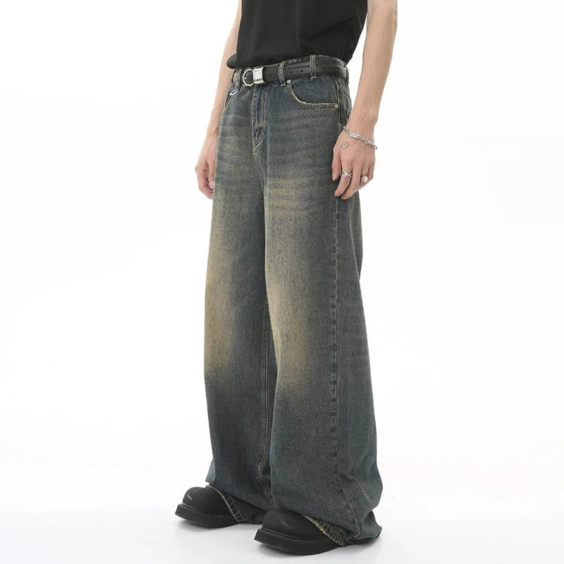 New Men’s Baggy Straight Leg Wide Leg Jeans Male Fashion Vintage Wash|ユースワイドストリートデニム