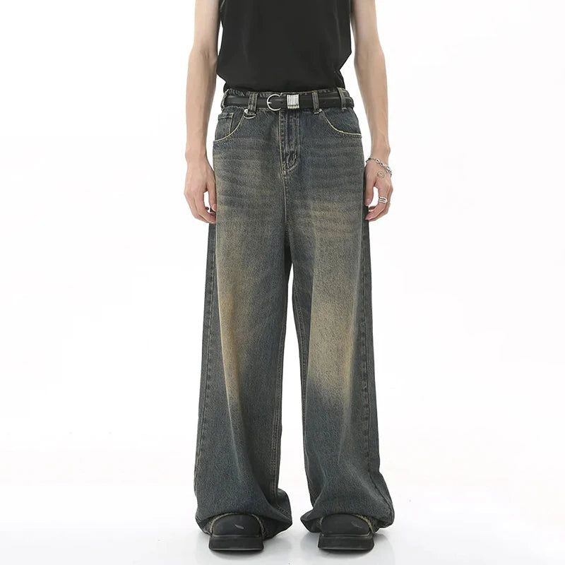 New Men’s Baggy Straight Leg Wide Leg Jeans Male Fashion Vintage Wash|ユースワイドストリートデニム