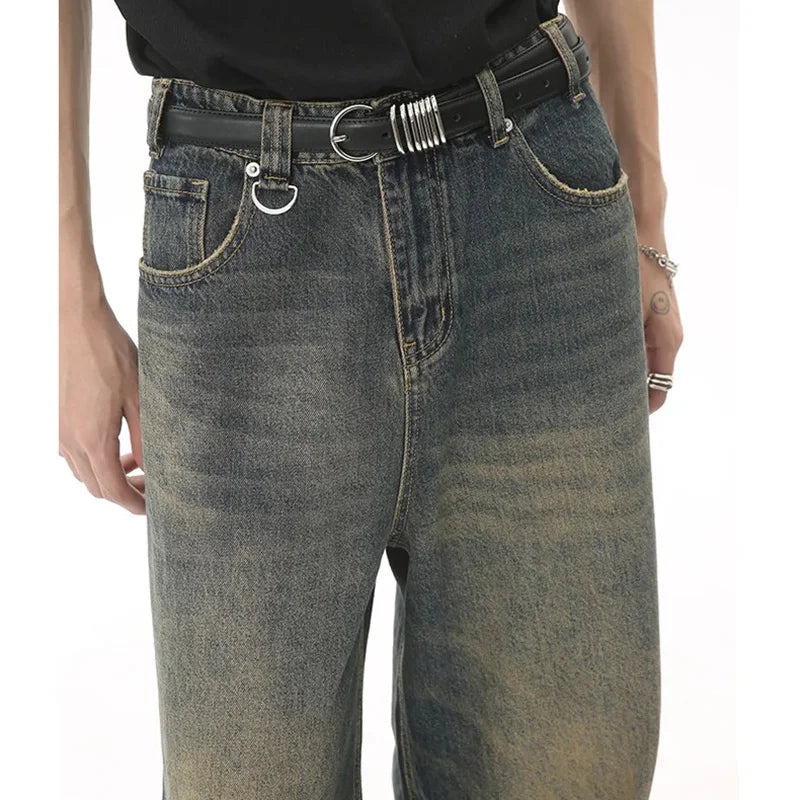 New Men’s Baggy Straight Leg Wide Leg Jeans Male Fashion Vintage Wash|ユースワイドストリートデニム