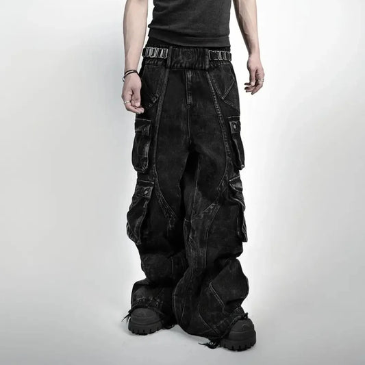 American Vintage Gothic Black Y2K Washed Multi-Pocket Spliced Raw Edge Jeans Mens｜グラフィックワイドレッグパンツ